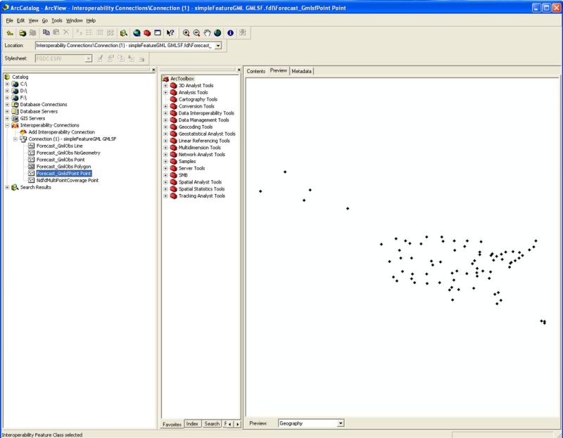 ArcCatalog window showing features available for NDFD GML